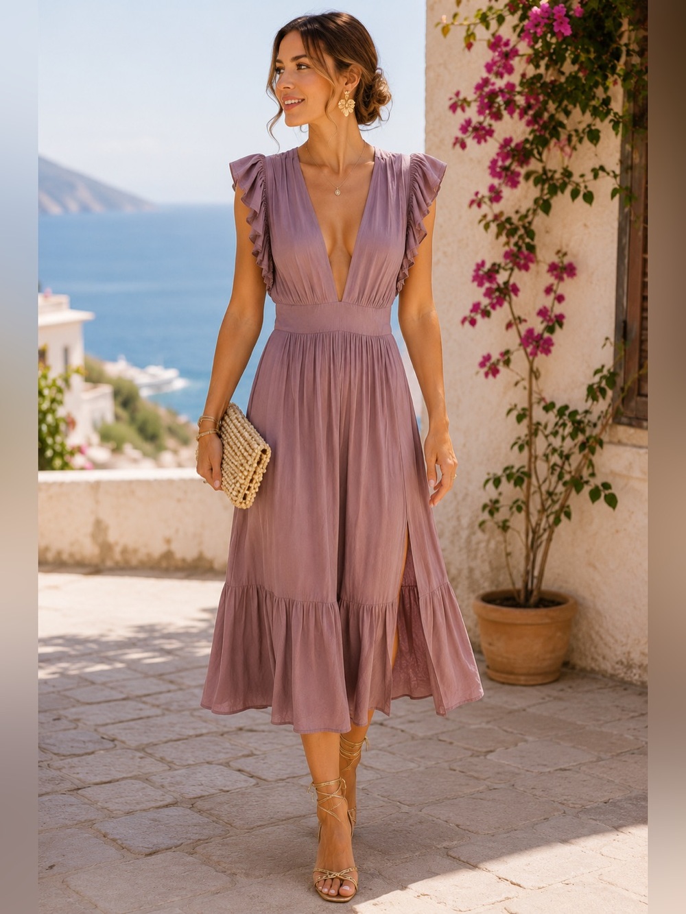 Stillwater The Jessie Midi Dress‎ Plunging Neckline Side Slit MSRP $241 Size M